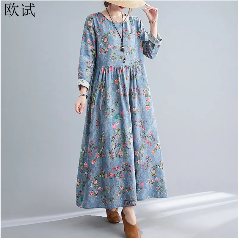 Robes décontractées Manches longues fleur coton Robe femmes printemps Vintage Floral dames robes Femme tenue décontractée femmes robes Robe Femme 230316