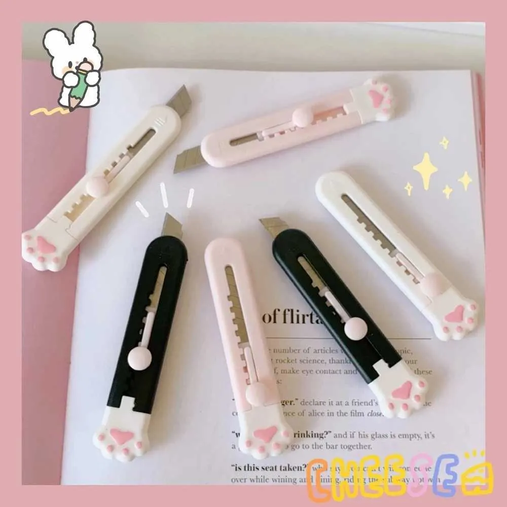 Kawaii Cat Paw Stationery Knife Pink Mini Utility Pocket Folding Cutter Letter Pen Kuvertöppnare Express Box