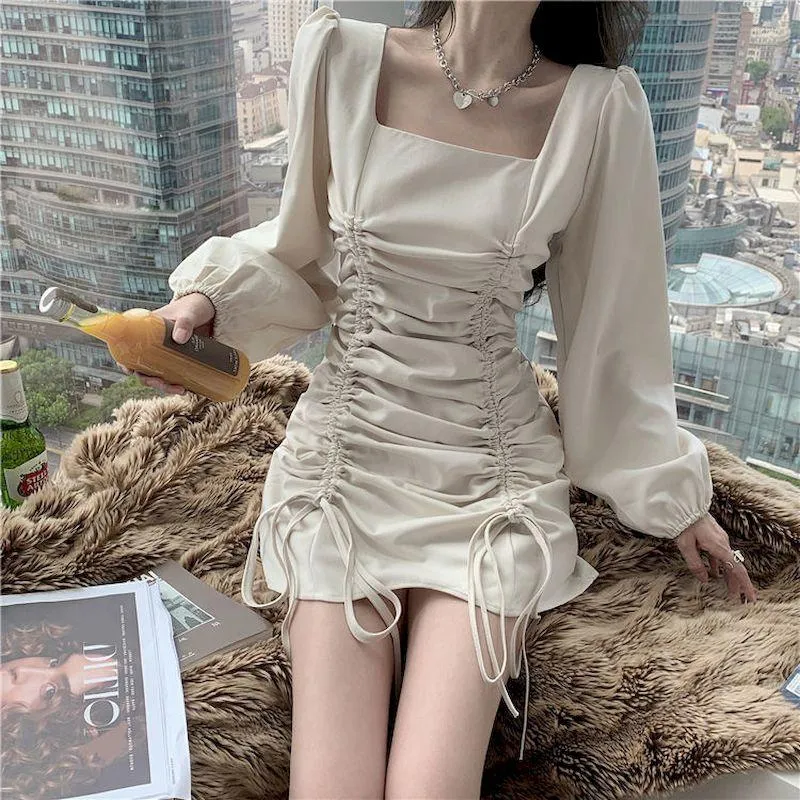 Casual Dresses 2023 Summer Women Sexy Dress Korean Vintage Gothic Clothes Harajuku Above Knee Mini Sheath Puff Sleeve Square Collar