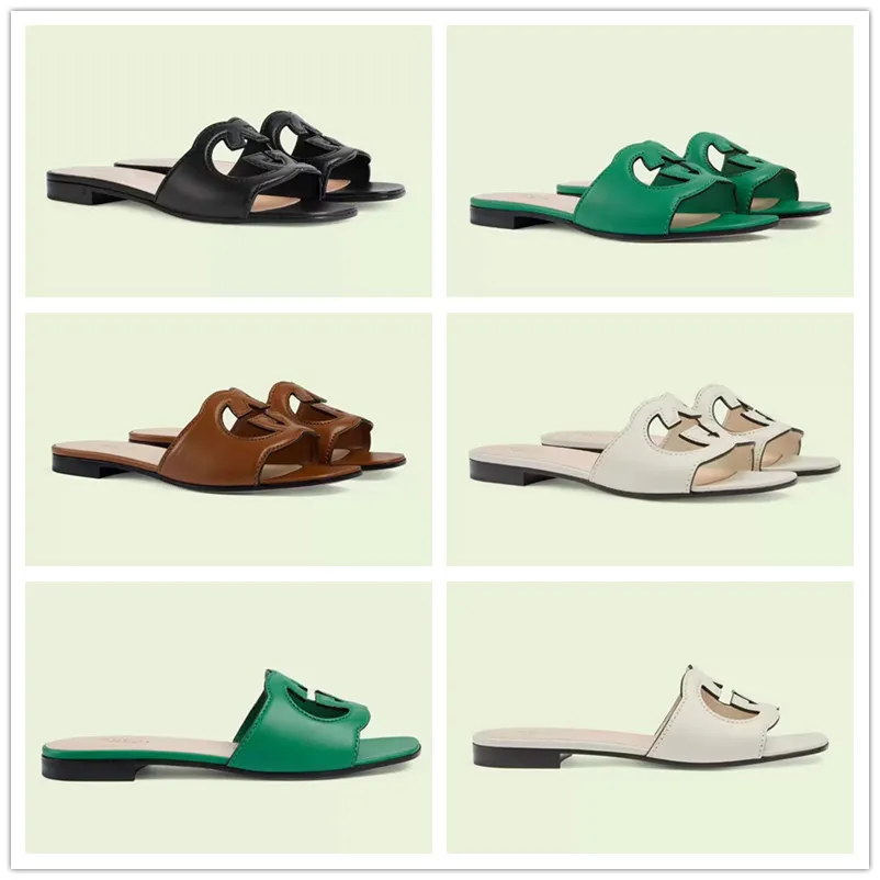 Topmerk 23S/S Interlocking Sandals Shoes Women Cut-Out Slide Flats Tijdloze zomer slip op vrouwelijke slippers perfecte mooie dame slippers EU35-42