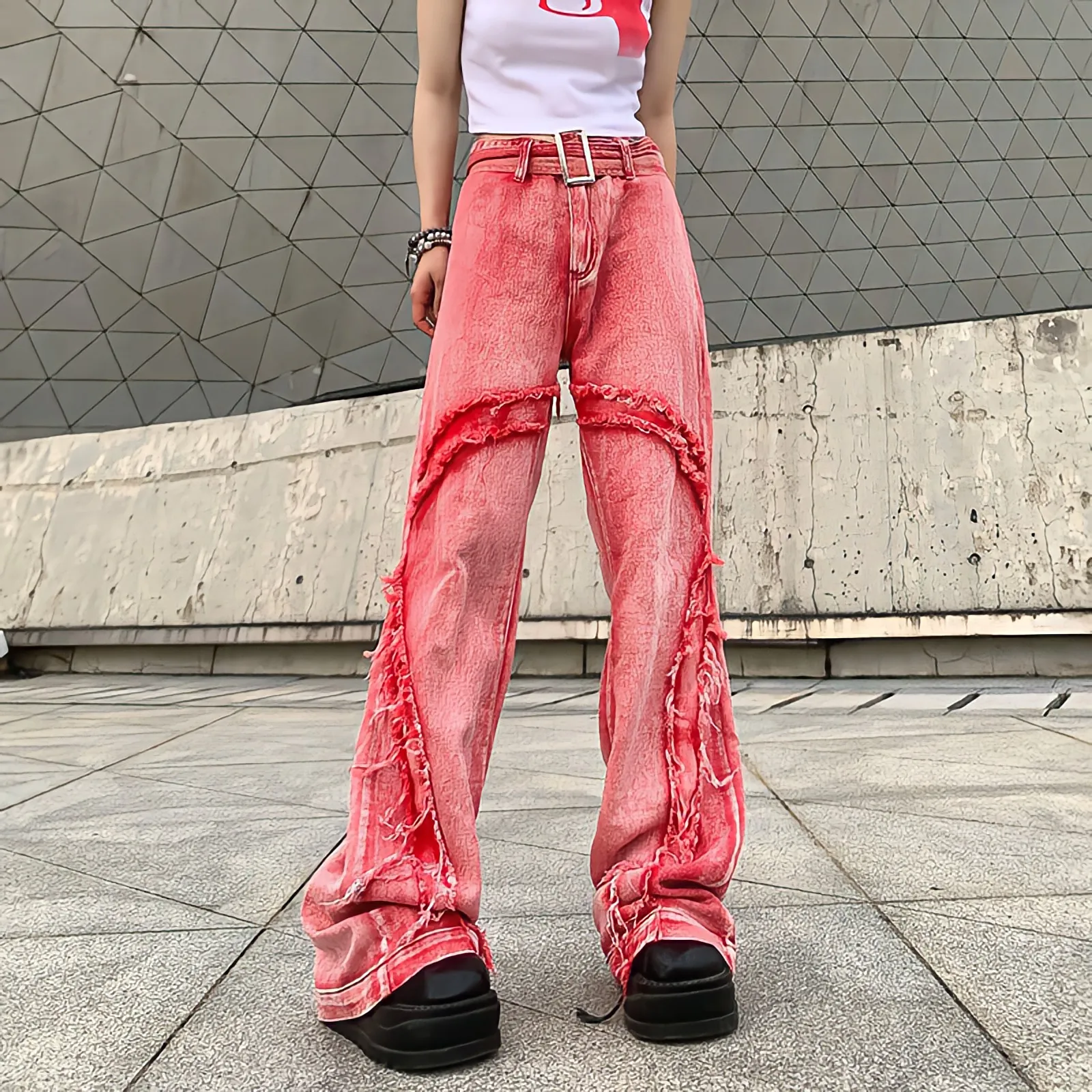 QNPQYX American Style Vintage Washed Raw Edge Fashion High Waist Casual Trousers Wide Leg Jeans Women Y2k Streetwear Baggy Pink Pants