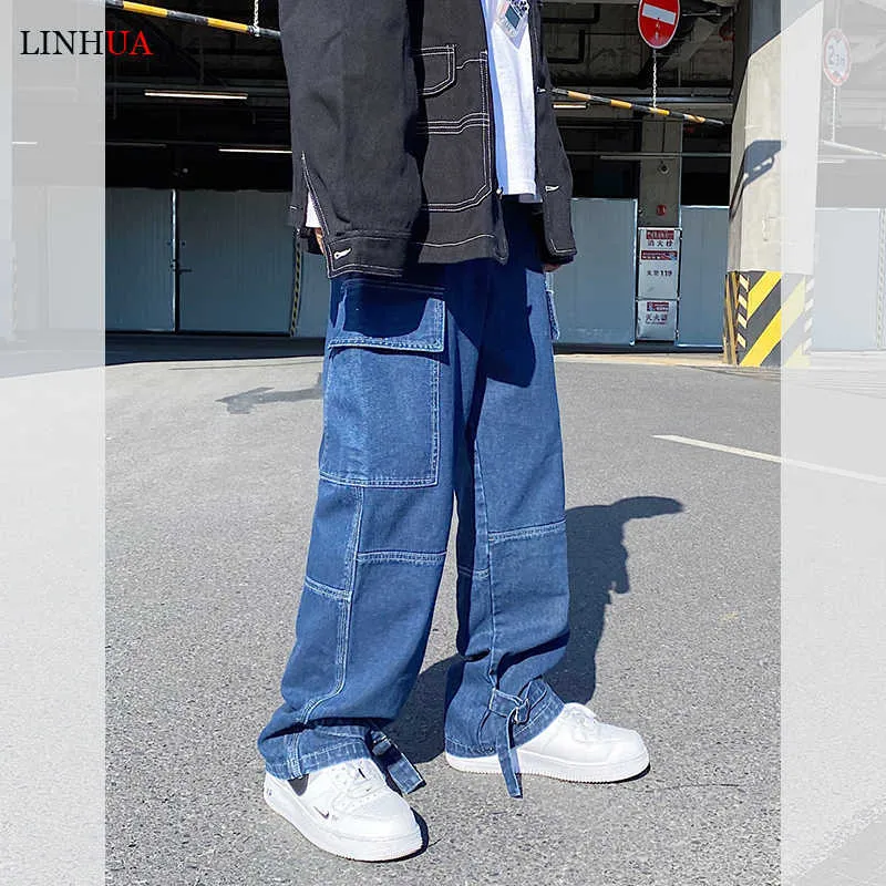 LINHUA Mens Wide Leg Cargo Jeans, 2022 Spring Hip Hop LINHUA Mens Wide Leg Cargo Jeans, 2022 Spring Hip Hop