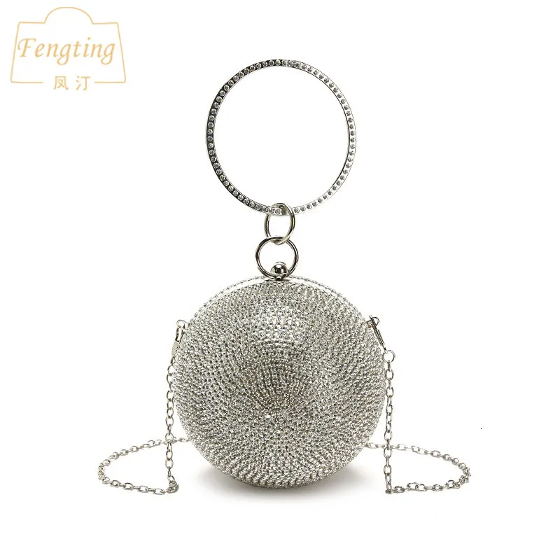 Bolsos de noche Plata Mini bola redonda Bolsos de noche para mujer Diamantes de moda Bolso de mano Bolso de mensajero para mujer Bolso de cadena FTB166 230316