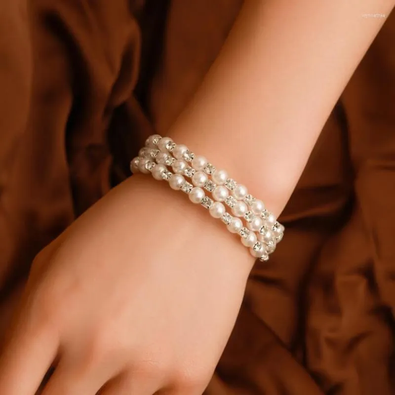 Strand Wedding Bride Jewelry White Pearl Triple Layer Bracelet Bangle For Women Wrap With Crystal Beads