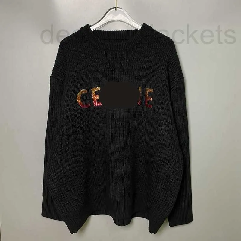 T-shirts en tricot pour femmes designer Automne et hiver nouvelle couleur illusion dégradé perle pièce broderie lettre perlée col rond pull tricoté lâche hommes femmes KT65