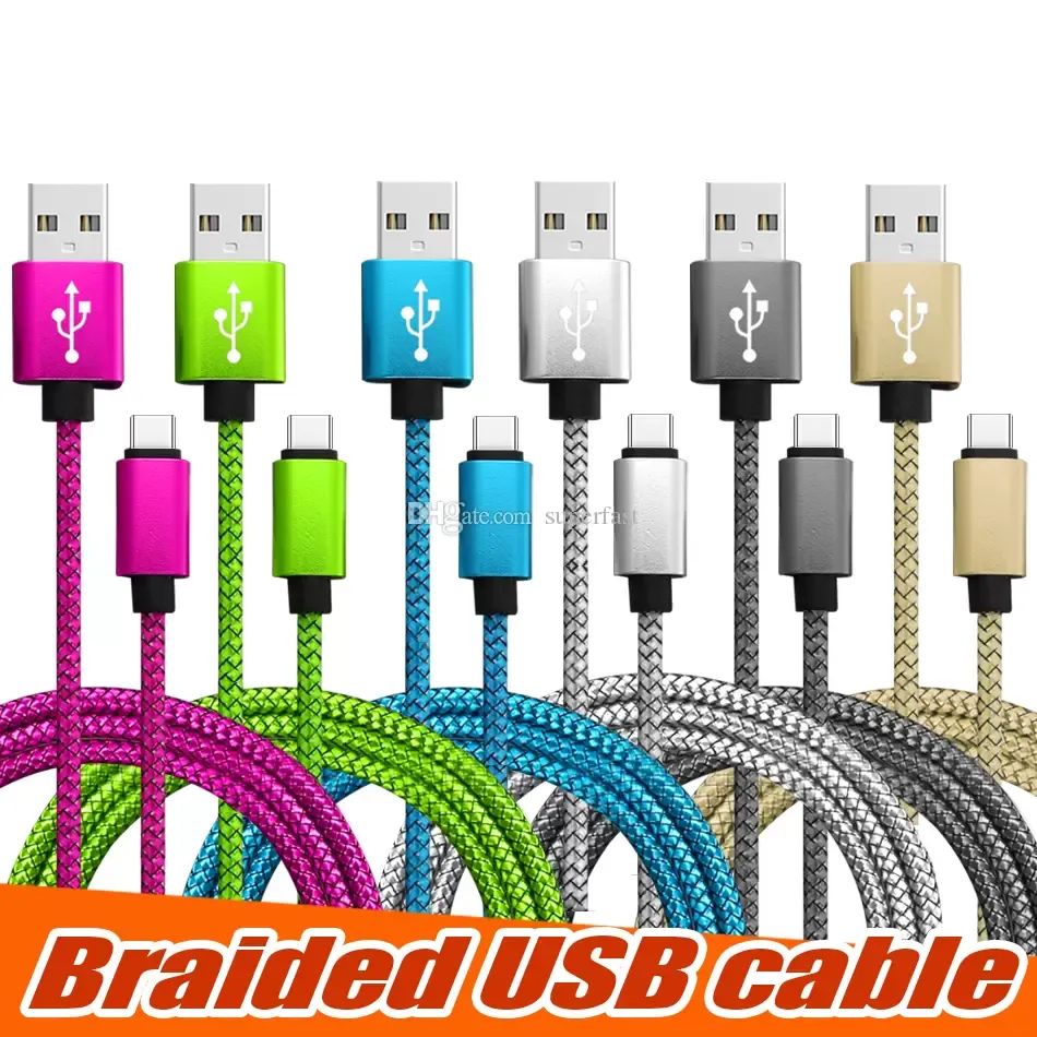 نوع كابل USB المضفر نوع C Cord 1M 2M 3M SYNC USB شحن الكبل USB عالي السرعة متينة للهاتف المحمول Android بدون حزمة