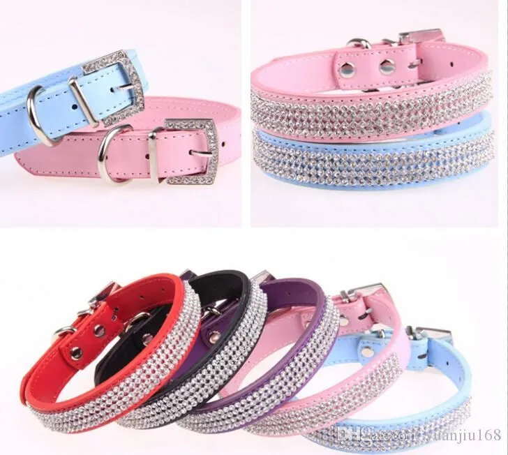 Pet Collar Hot Bling Rhinestone PU Leather Crystal Diamond Puppy Pet Dog Collars Size S M L Pink Red Supplies Products G476