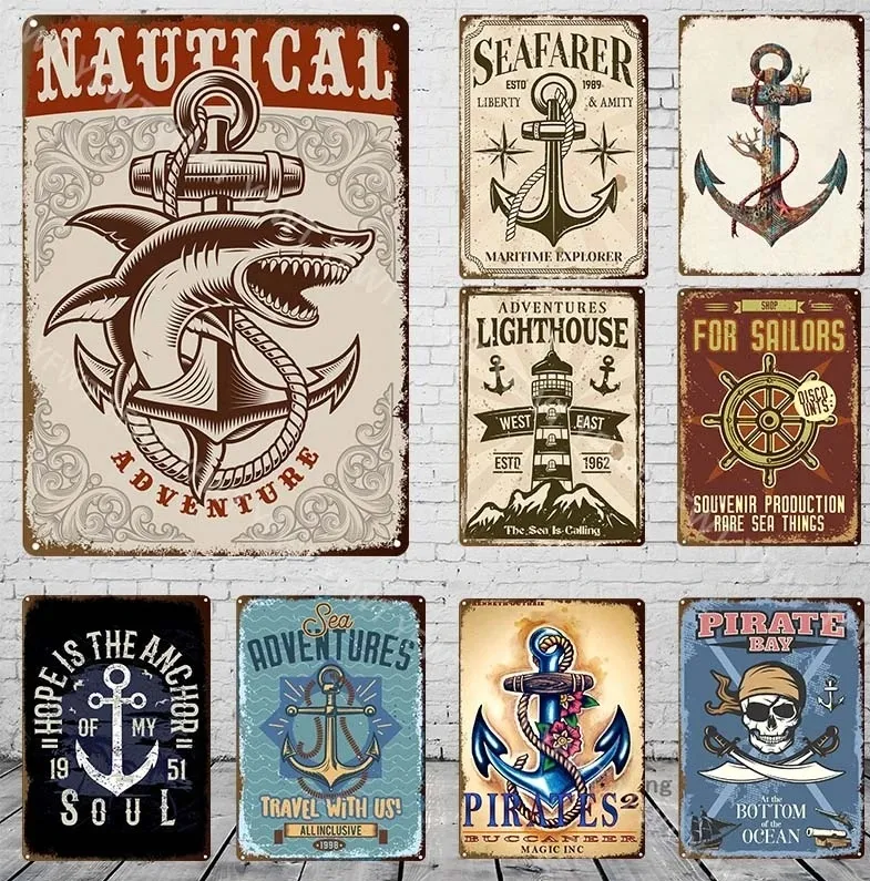 Anchor Navigation Tin Sign Metal Signs Vintage Nautical Dream Art for Beach Beach House Seaside Man Cave Wall Decoration 30X20cm W03