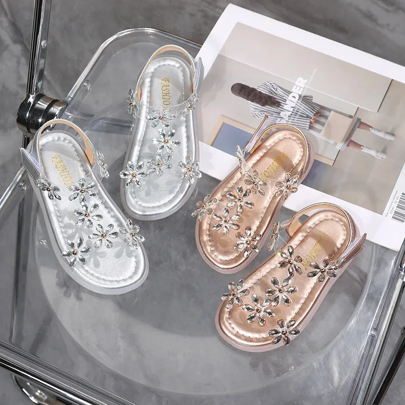 Sandals Baby Girl Sandals Crystal Bling Diamond Flower Princess Dance Shoes Summer Small Big Kids Party Shoes1-3-4-6-7-12 Years Old 230316