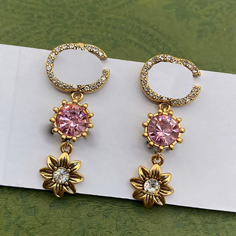 Pink Big Jewel Dangle Charm Gold Flower Eardrop Full Diamonds Double Letters Geometry Design Ear Stud