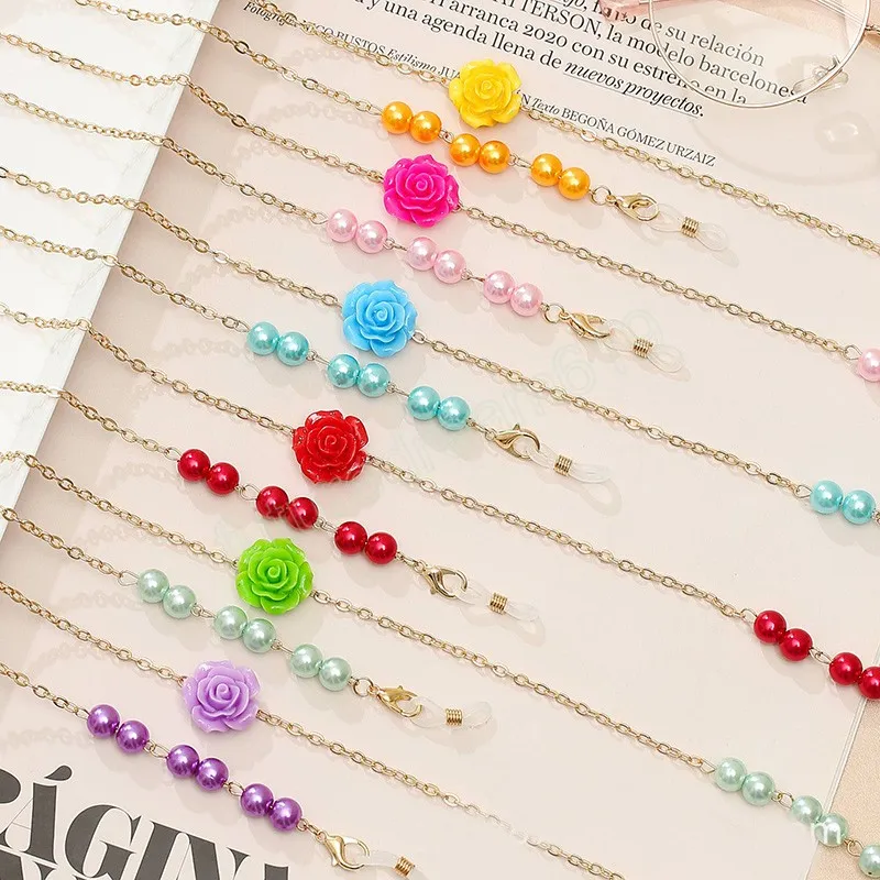 Acrylic Color Rose Charm Glasses Chain Lanyard Jewelry for Women Fashion Pearl Beaded Sunglasses Holder Neck Strap
