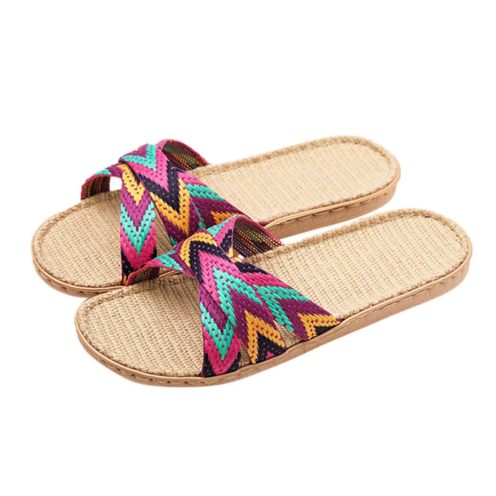 Pantoufles multicolore lin pantoufles pour femmes été lin chaussures d'intérieur maison décontracté plage diapositives croix ceinture dames tongs sandales Z0317