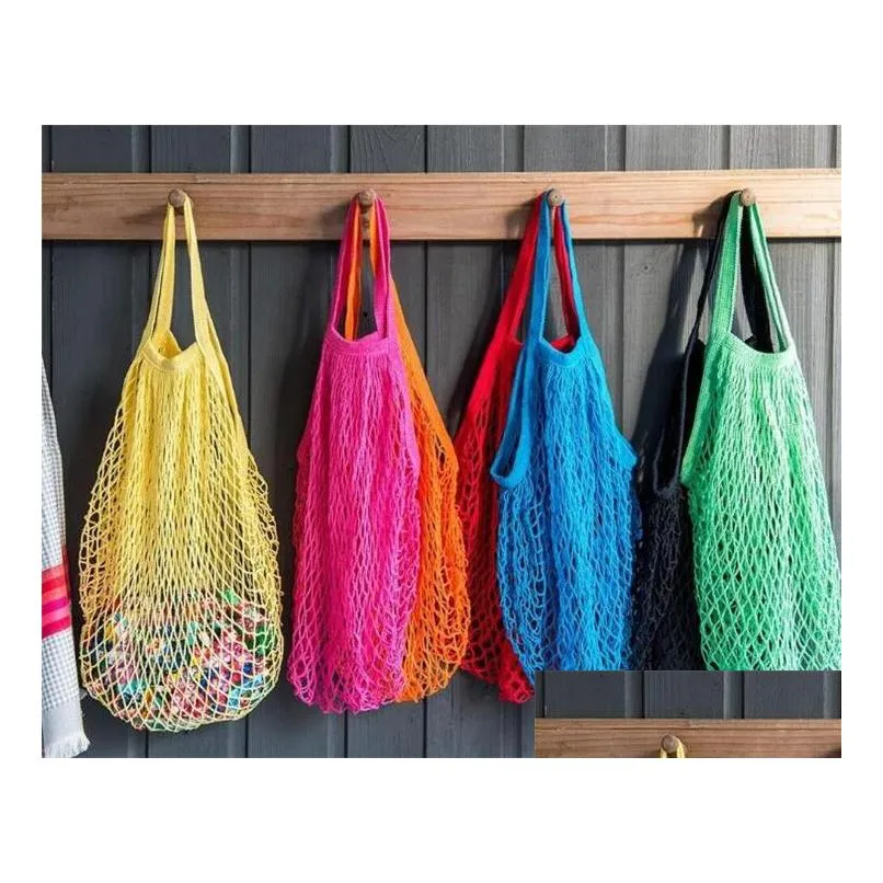 Bolsas de armazenamento Bolsa de supermercado reutilizável 14 cor de tamanho grande comprador portátil Tote malha líquida de algodão de algodão Drop Drop Garden Hou Dh3HC