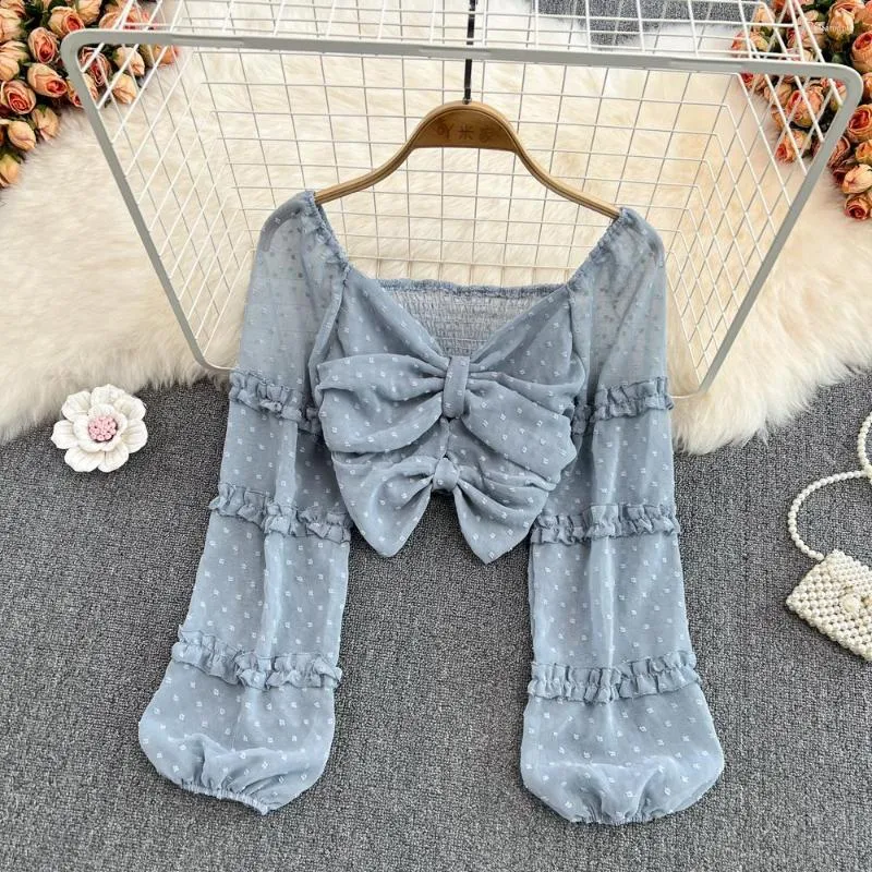 Damenblusen, Sommer, gepunktetes Rüschen-Crop-Top, durchsichtiges Y2k-T-Shirt, geraffte Puffärmel, Party-Tops, Damen-Vintage-koreanisches, rückenfreies, süßes T-Shirt