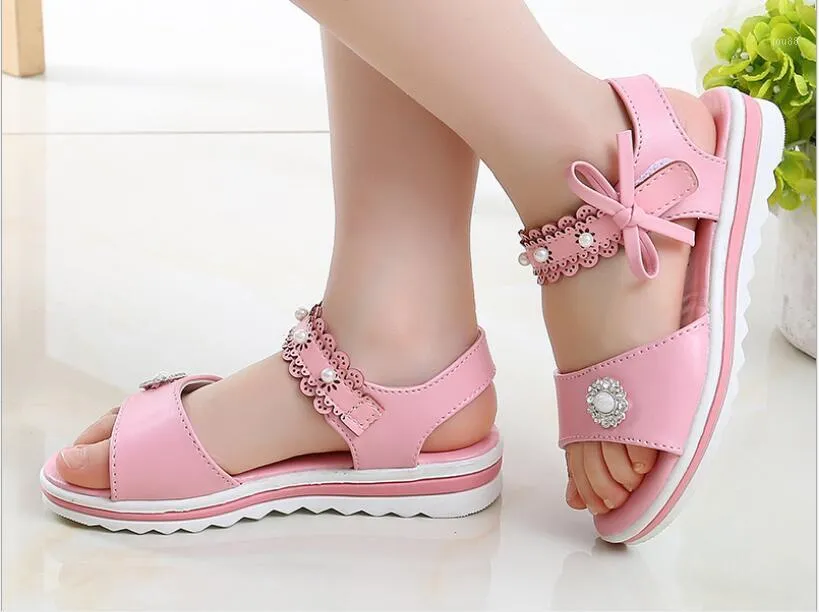 Sandals Pearl Pink White Fashion Non-slip Soft Bottom Bows Summer Korean Girls Kids Princess Shoes