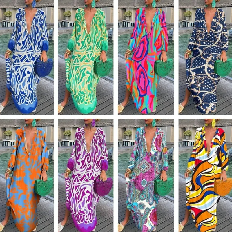 Womens Casual Dresses Summer Dress robe Women Boho Print Loose Beach Elegant Retro Harajuku V-Neck Maxi Dress Sexy Long Sleeve Oversized Clothes Clothing For Woman