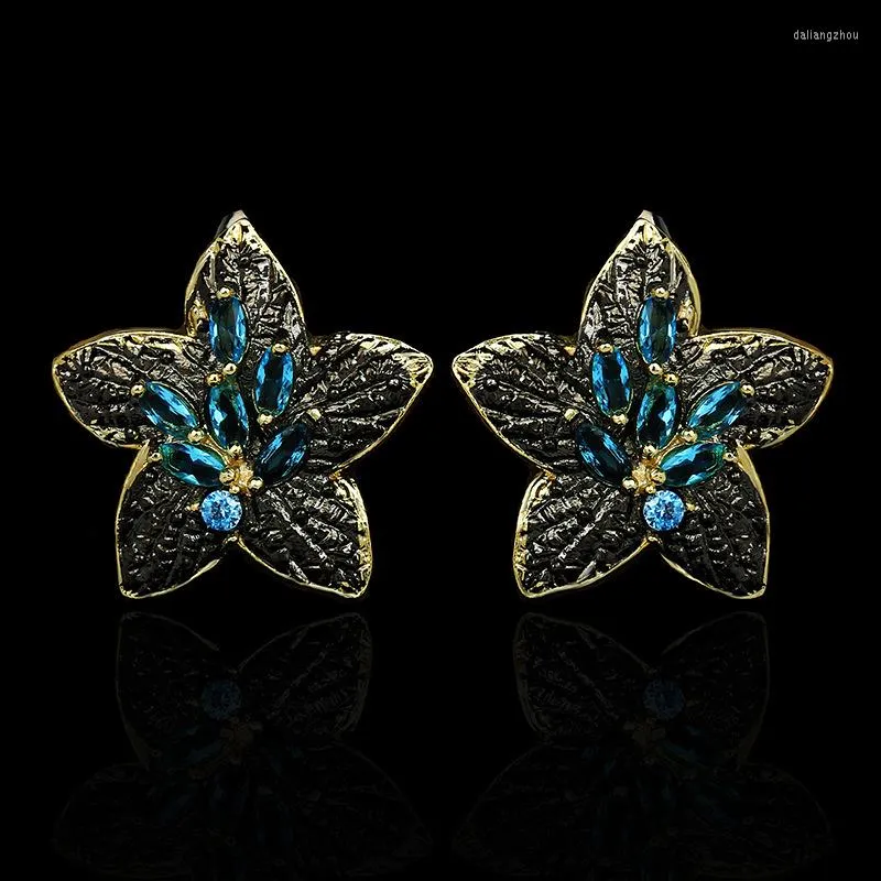 Orecchini a bottone CIZEVA Design Blu mare Bling Zircone Pietra Nero Oro Colore Fiore per orecchino da cocktail da donna