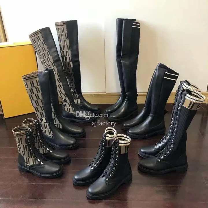 Bottes de moto noires pour femmes, tricot rapide, cuir imprimé, Martin, manches en tissu élastique, chaussures épaisses à lacets, 35-42, 2023