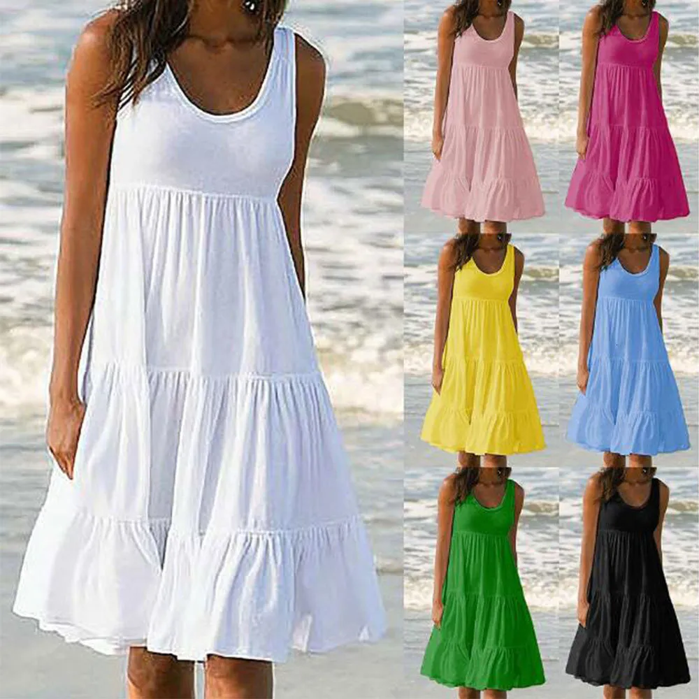 Casual Dresses Jocoo Jolee Women Causual O Neck Sleeveless Ruffles Mini Dress Boho Solid Beach Sundress Oversized Loose Dress Summer 230316