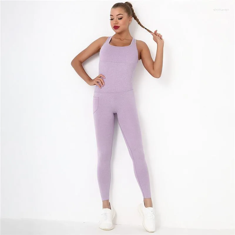 Gym Clothing One-piece Pocket Jumpsuit Women Workout Push Up Sets Sleeveless Sportswear With Padded Back Hollow Rompers Fitness