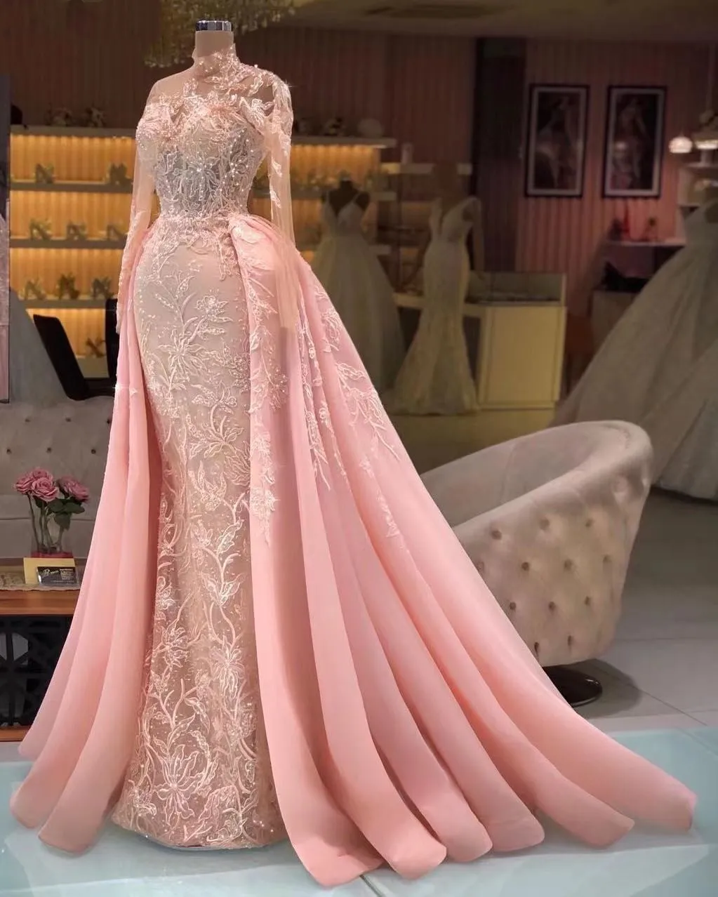 Luxury Champagne Beading Long Sleeve Sheer Detachable Train Prom Dress Luxury Champagne Beading Long Sleeve Sheer Detachable Train Prom Dress