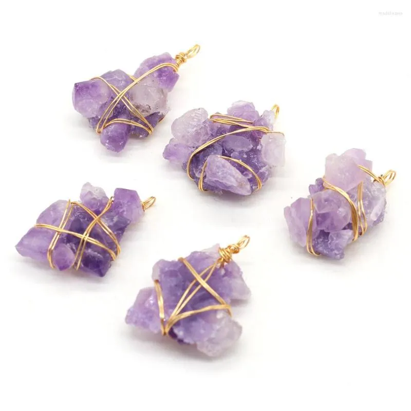 Anhänger Halsketten Großhandel8PCS Natürlicher Halbedelstein Amethyst Wicklung Golddraht Herstellung Mode Halskette Ohrringe Charm Schmuck Geschenk