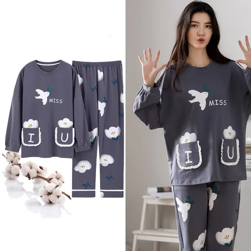 Vections de sommeil pour femmes automne 100% coton pyjama élégant ensembles pyjamas dessin animé imprimé long pijama mujer nightsuit home salon 230317