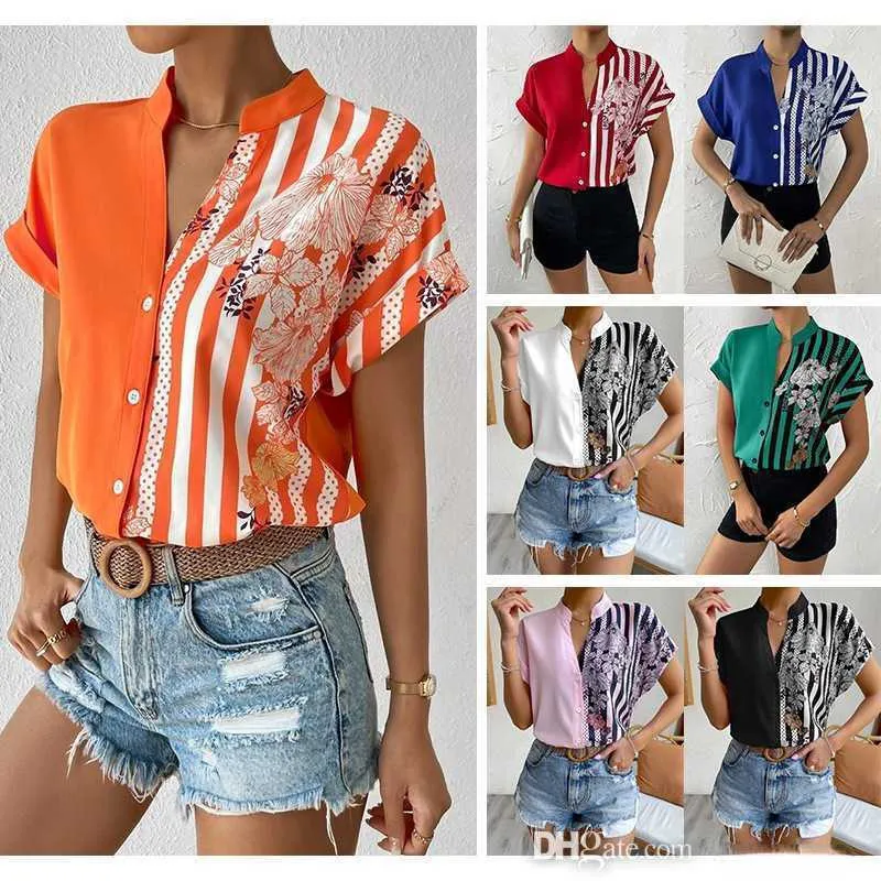 Designer Summer Womens Chemises Nouveau Double Contraste Imprimé Bouton Cardigan Blouses Mode Chemise À Manches Courtes Tops