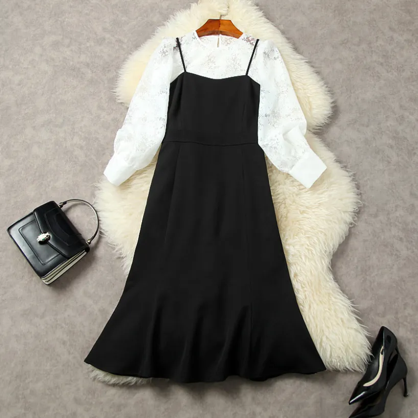 Vestido de manga longa de primavera de duas peças de pescoço redondo branco top black spaghetti tira de sereia meia-calffet 2 peças conjunto 22G112046