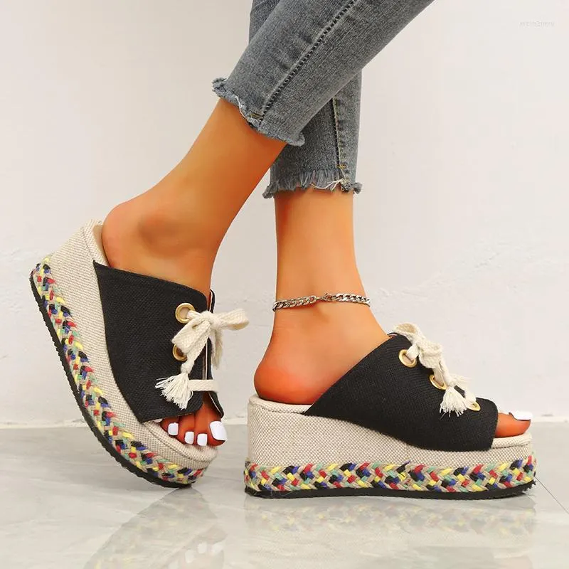 Slippers 2023 Summer Women's Sandals Cloth Open Toe Tee High Heel Wedge Platform Massion Fashion Straw Casual