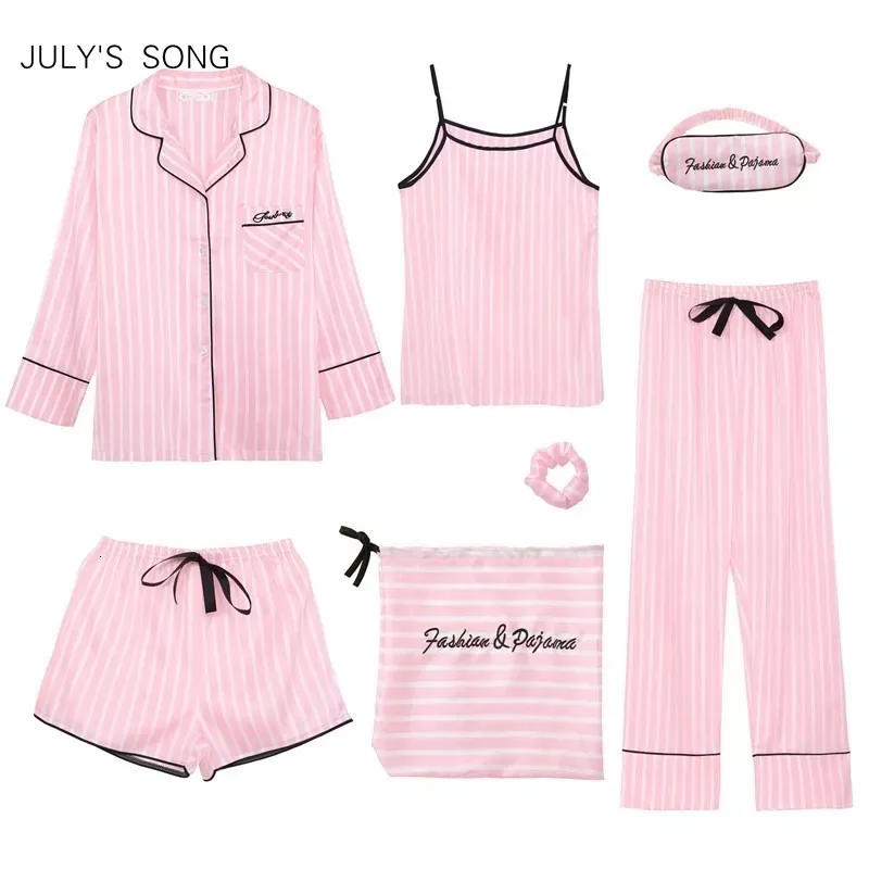 Women's Sleepwear JULY'S SONG Pink 7 Pieces Women's Pajamas Sets Faux Silk Striped Pyjama Women's Pajamas Sleepwear Sets Spring Summer Homewear 230316