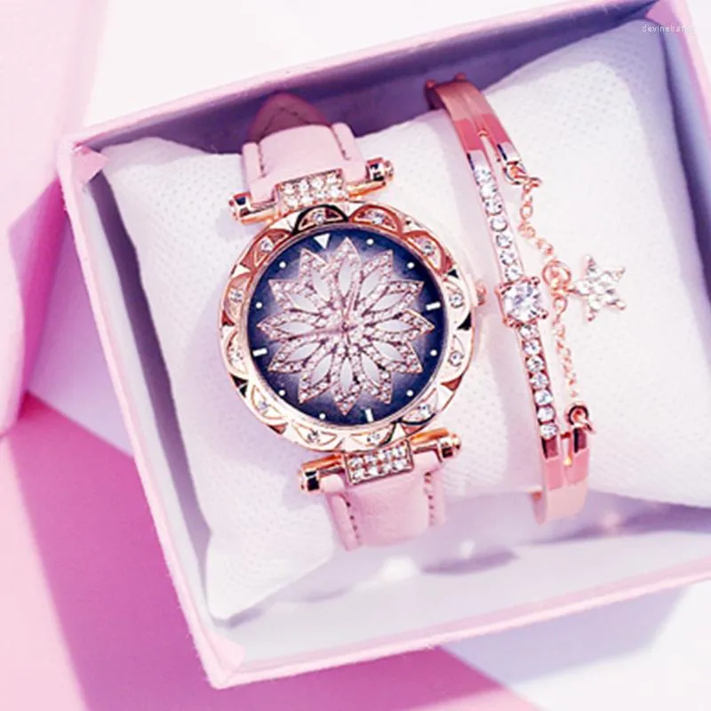 Montres-bracelets Femmes Starry Sky Montre De Luxe Rose Or Diamant Montres Dames Casual Bande De Cuir Quartz Montre-Bracelet Femme Horloge Zegarek