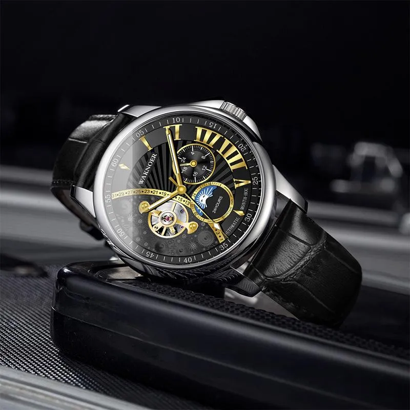 Fashion Mens True Flywheel Moon Phase Mechanical Watch With