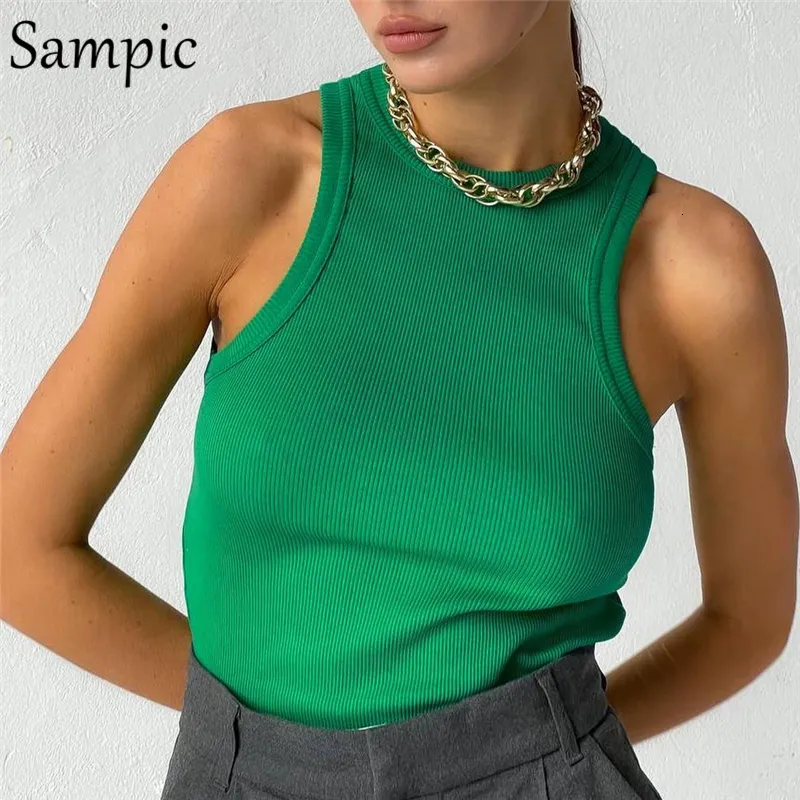 Damen Tanks Camis Sampic Gestrickte Sommer Ribber Sleevless T-Shirt Tops Frauen Casual Khaki Weiß Crop Tops Club Kurze Dünne Tank Tops Mode 230317