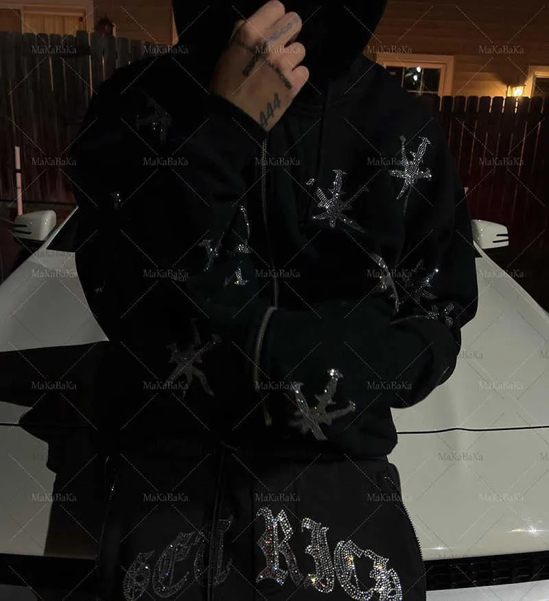 Sweatshirts Streetwear Mens Rhinestone Gothic Green Zip Up