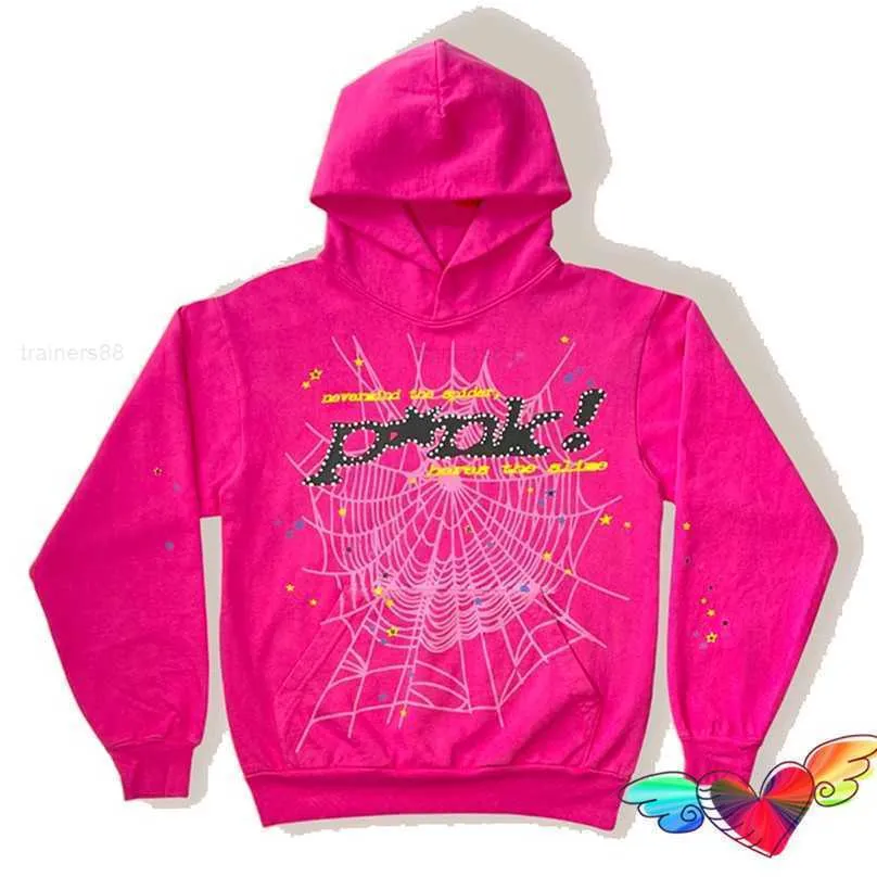 Men's Hoodies Sweatshirts Young Thug Pink Spder Hoodie Men Women High Quality Foam Print Spider Web Graphic Pullovers F23C