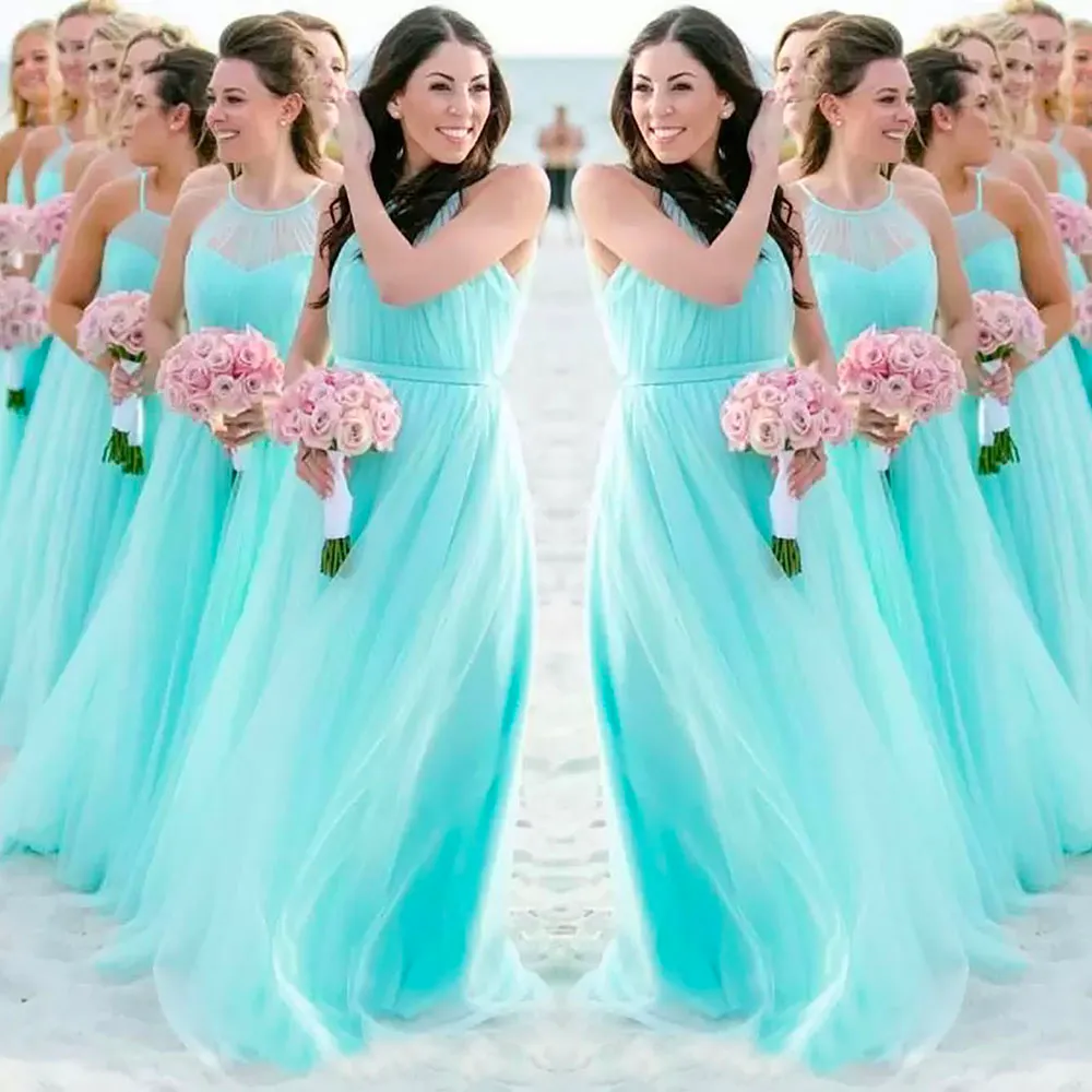 Bridesmaid Dresses Tulle A Line Prom Party Gown Formal For Weddings O Neck Sleeveless Pleat Custom Lace Up Zipper New Plus Size