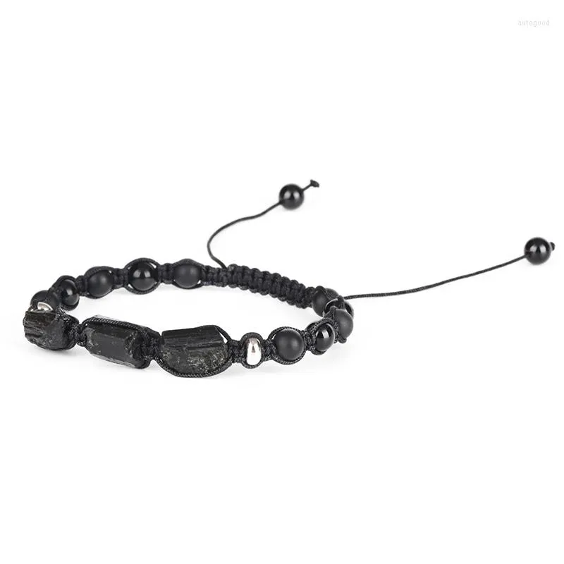 Strand Natural Rough Rough Black Tourmaline Healing Stone Bad Onyx Onyx Alternativo Lava Nylon Cordão Unissex Ajuste Ajuste Bracelet Gift