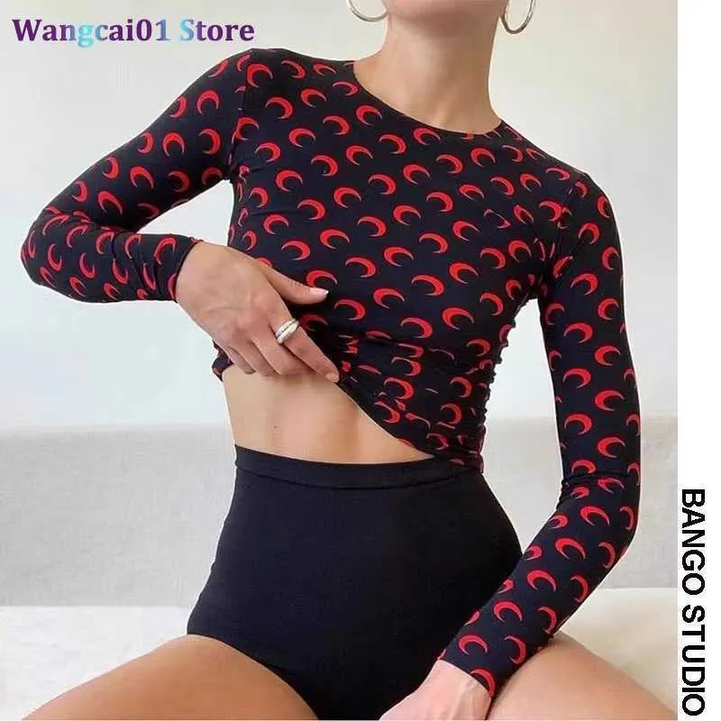 Wangcai01 kvinnors t-shirt 35 stys 2022 damer mode damer långa seve t skjortor fast färg is siden halvmåne tryck tätt rund hals smala avslappnade toppar 0317h23