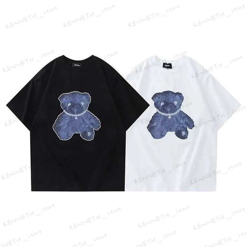 Mäns T-shirts We11Done Huang Xiaoming Samma reflekterande Pearl Chain Bear tryckt kortärmad T-shirt för män och kvinnor koreansk version T230317