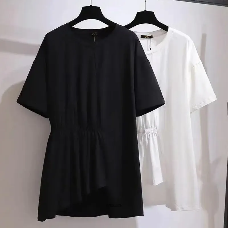 Kadın Tişört Plus Boyut 6xl 150kg Yaz Kadın Tshirts Kısa Kollu O Boyun Bayanlar Üst Siyah Beyaz Kadın Tişört Düzensiz T-Shirt 230317