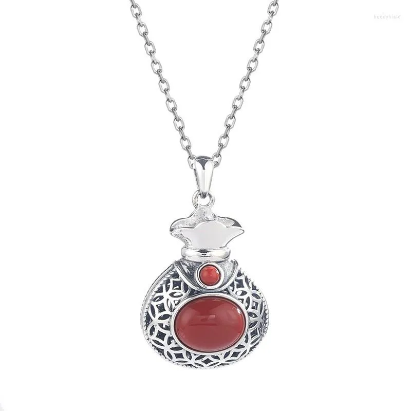 チェーンXL366 ZFSILVER S925 STERLING THAI SILVER FASION SOUTH RED AGATE OVAL 3D MONEYラッキーバッグネックレスペンダント女性ウェディングジュエリー