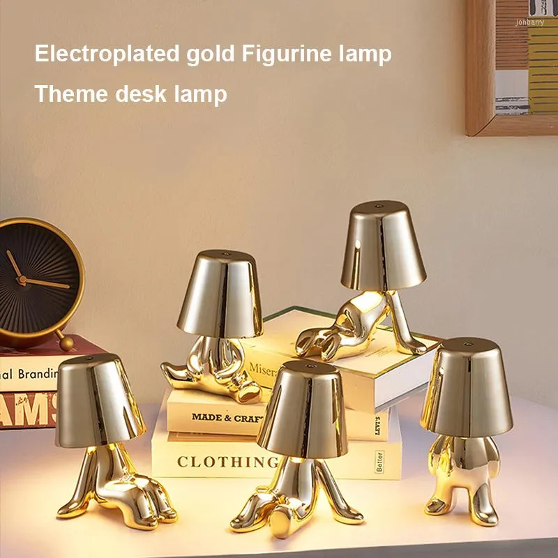 Tischlampen Italien Little Golden Man Nachtlicht Harz LED Lampe Kaffee Bar Schlafzimmer Zimmer Dekor Cartoon Denker Kindertagsgeschenk