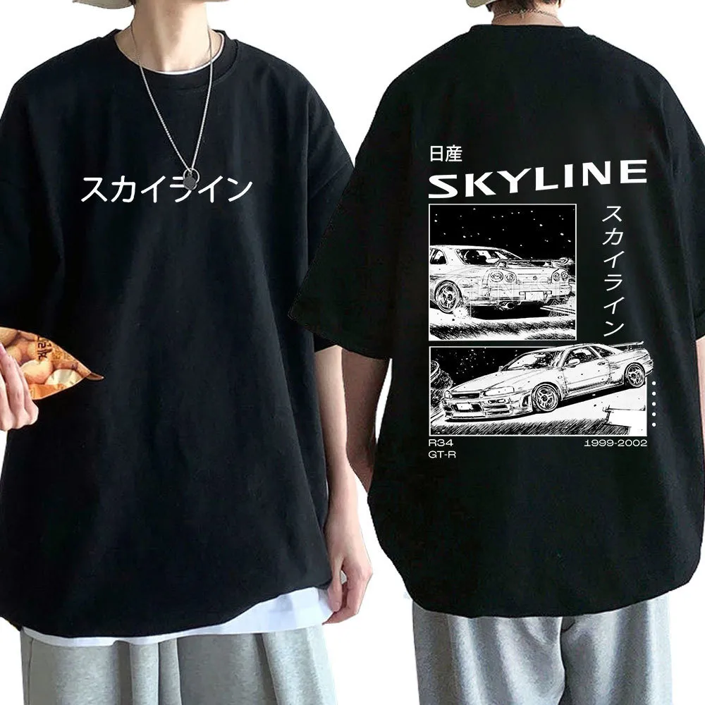 Men's T-Shirts Anime Drift AE86 Initial D Double Sided T-shirt O-Neck Short Sleeves Summer Casual Unisex R34 Skyline GTR JDM Manga T Shirts 230317