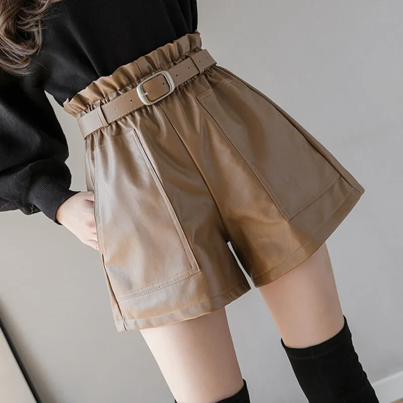 Women's Shorts Leather Pu High Waist Elastic Aline Widelegged With Belt Black Brown Elegant Bottoms Casual Short Mujer 230317