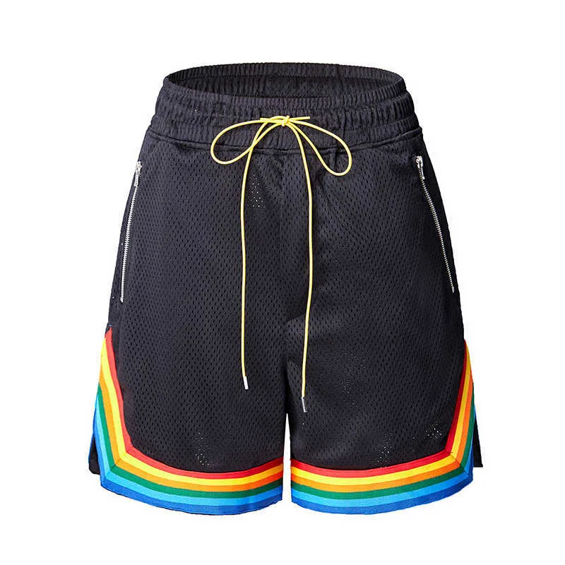 Mäns shorts Rainbow Color Striped Mesh Casual Summer Mens Shorts Zipper Pockets Streetwear Overdimased Drawstring Kne Lenght Pants G230316