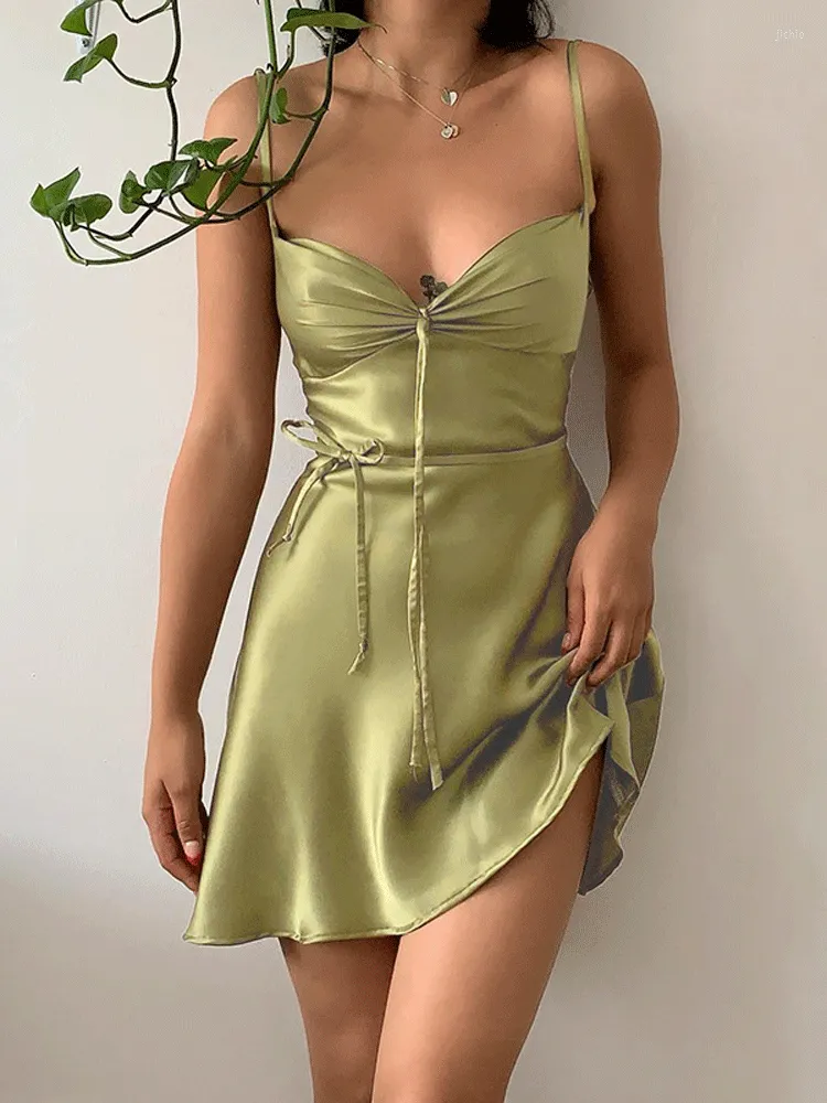 Casual Dresses Ladies Sexy Club Wear Y2K Clothes Satin Sleeveless Backless Lace Up Bodycon Birthday Mini Dress For Women Vacation Party