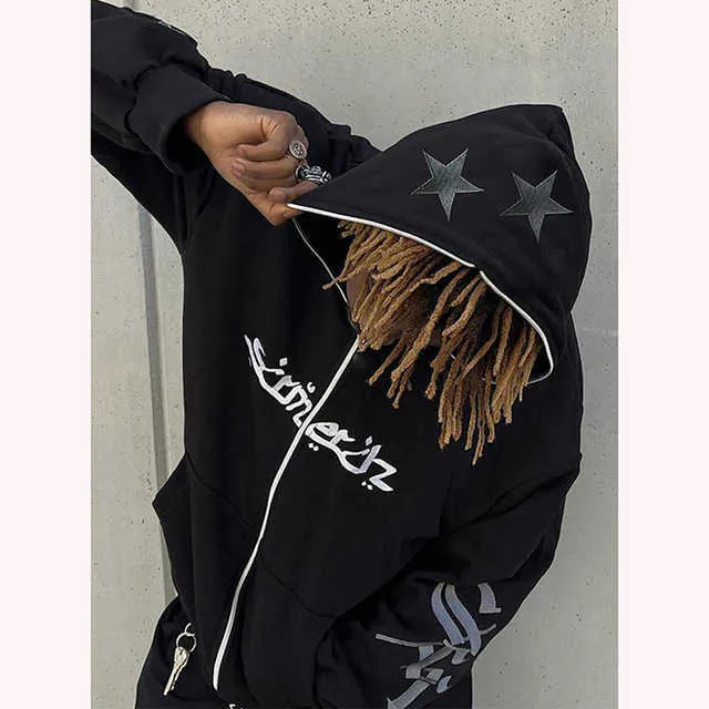 Men's Fleece Hoodie, Punk Star Embroidery Zip Up, Oversized 2024 Streetwear Sweatshirt, Black Gradient V-Neck Men's Fleece Hoodie, Punk Star Embroidery Zip Up, Oversized 2024 Streetwear Sweatshirt, Black Gradient V-Neck