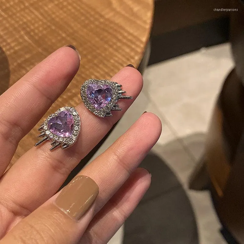 Stud Earrings Trend Romantic Rhinestone Heart For Women Girls Simple Compact Purple Love Earring Female Fashion Jewelry