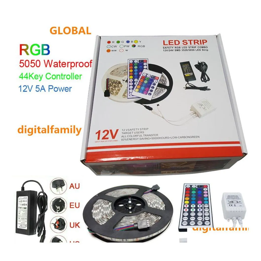 2016 LED -remsor Strip Light RGB 5050 5M julklapp Vattentät med 44 nycklar IR Remote ControllerAdDDC12V 5A Power Adapter i Retail Dr DHG8E